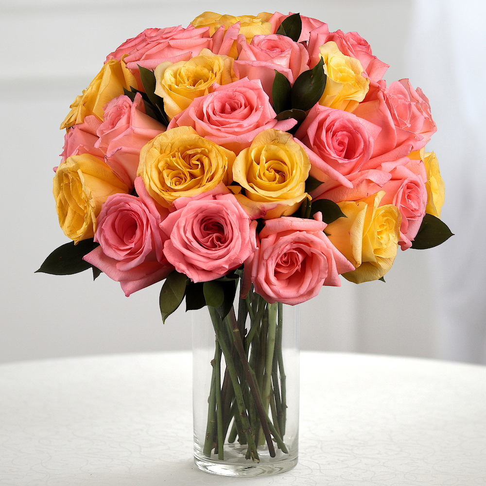 Bouquet ‘Two Dozen Pink and Yellow Roses’ | Order Flower Bouquets Delivery