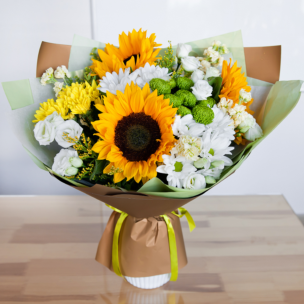 061 Beautiful Sunflowers and Red Roses Bouquet Decorated with Butterflies  and a Golden Crown - Love Flowers Miami