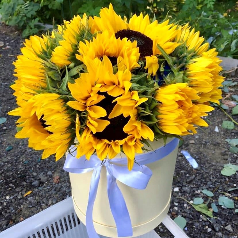 Hat box with flowers 'Spring box with sunflowers' order and send for