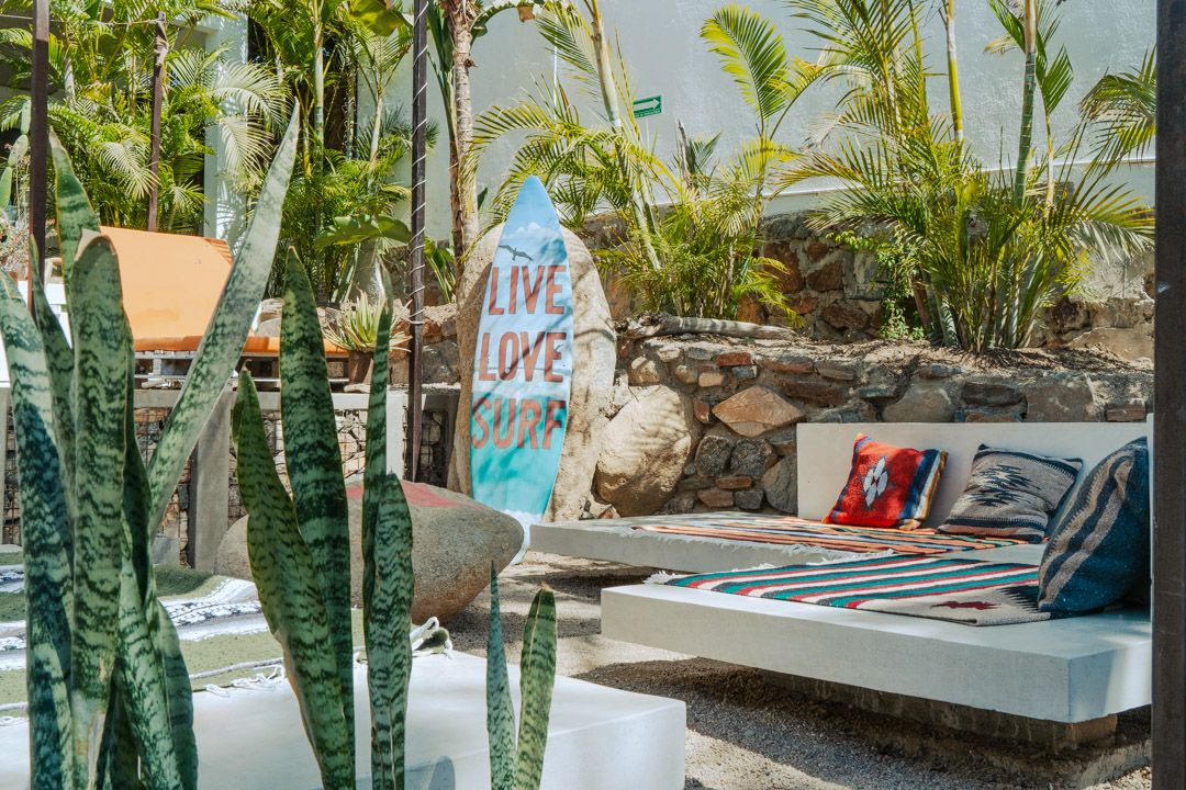 Outdoor terrace with cacti and lounge seating
