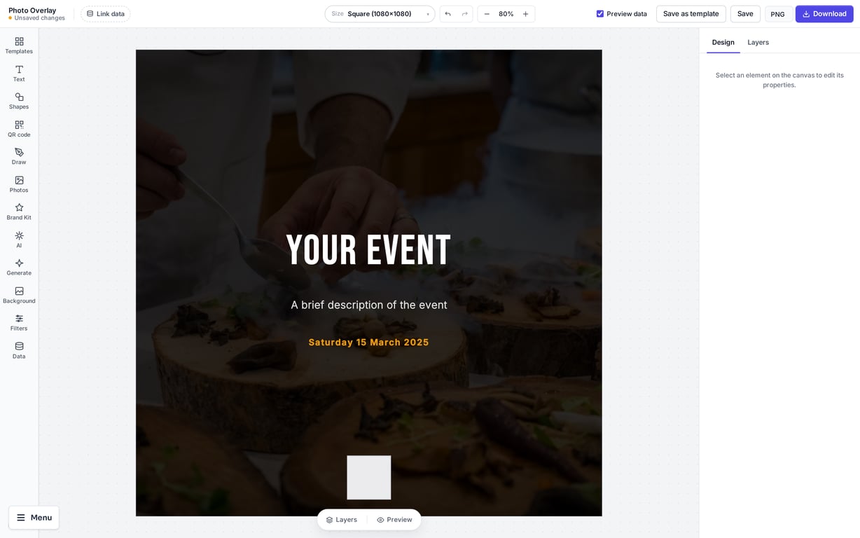 BookingNinja social graphics editor with an event poster on the canvas