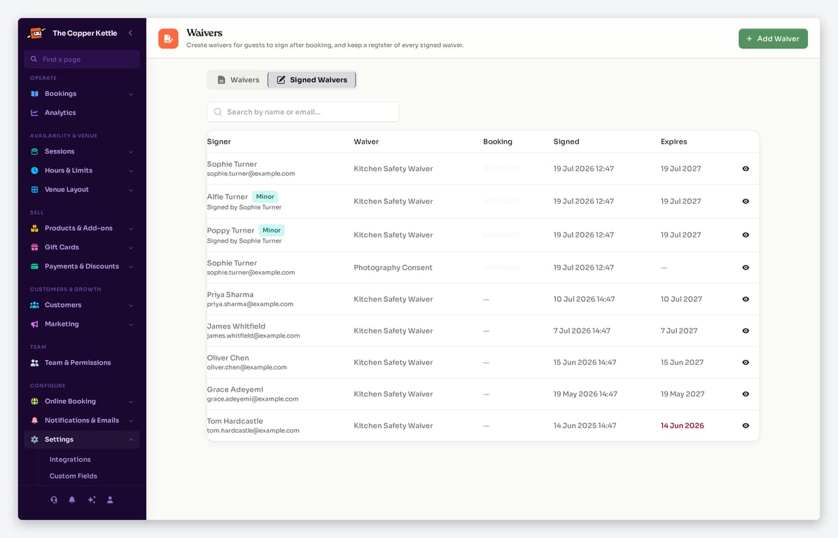 Signed waivers register listing signers, waivers, bookings, signed dates and expiry dates