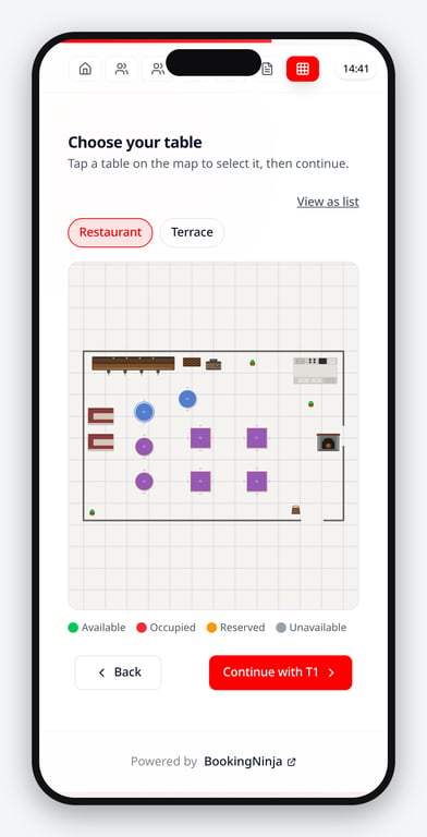 A guest selecting table T1 with the Continue with T1 button