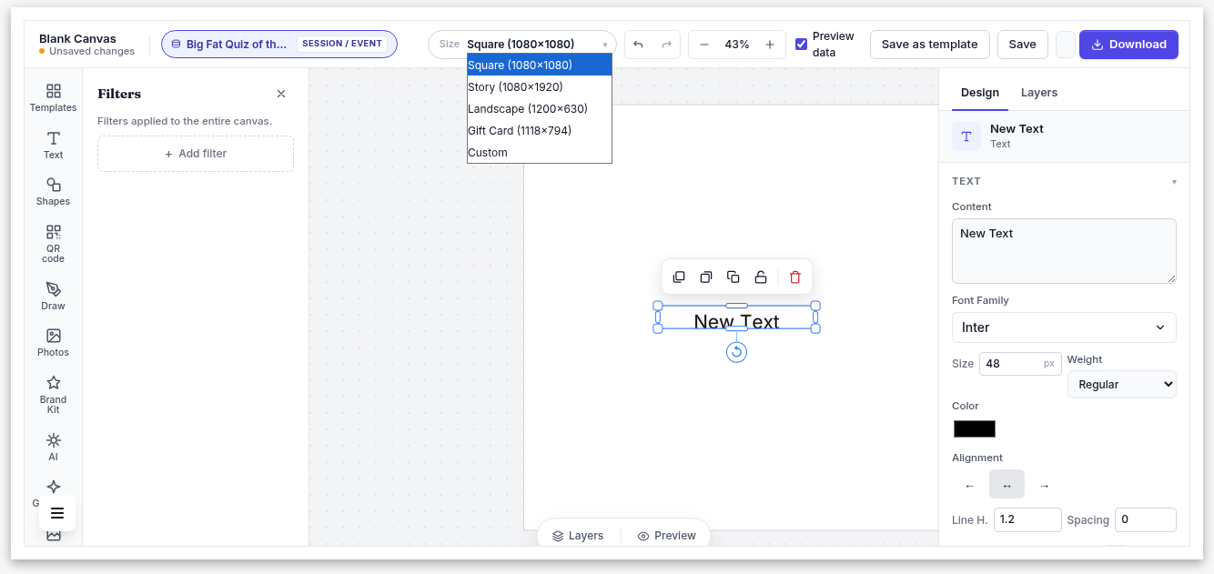 The save and download controls in the top toolbar