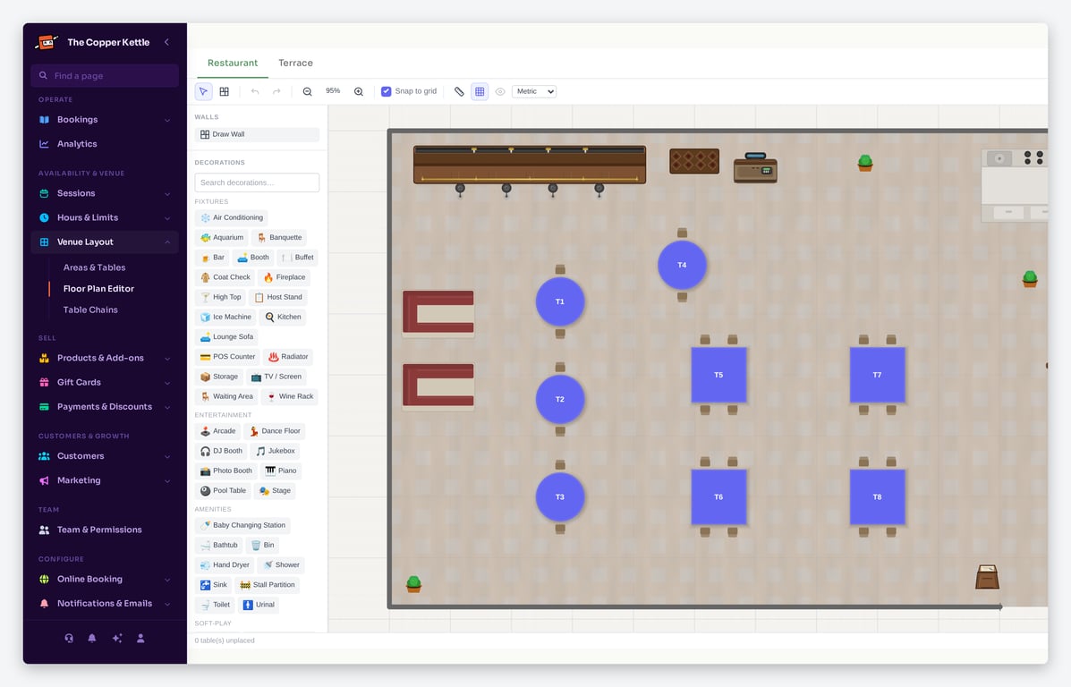 BookingNinja floor plan editor with walls, tables and decorations being placed on a venue map