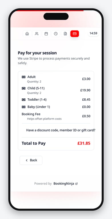 Itemised soft play checkout on a phone showing per-guest-type prices and a total to pay