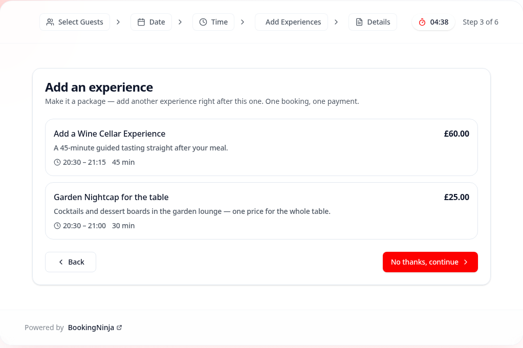 Adding an experience during booking, with times worked out automatically