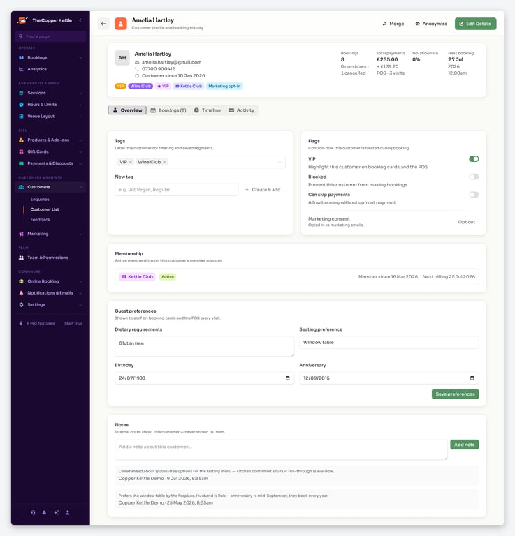 Customer profile with tags, flags, membership, guest preferences and notes