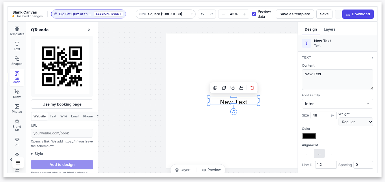 The QR code tool with the Use my booking page option