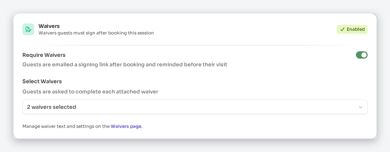 Session editor waivers card with require waivers toggle and two waivers selected