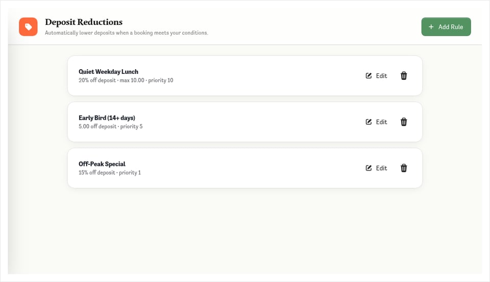 Deposit Reductions: Lower Deposits, Tickets and Prepayments Automatically