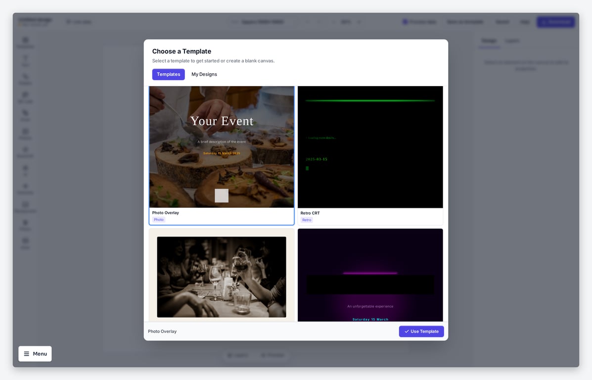 Template gallery with photo overlay, retro CRT, vintage film and neon event poster styles