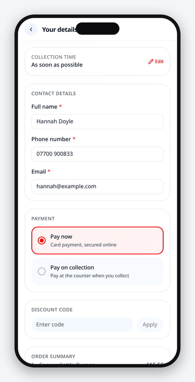 Checkout for a collection order on a phone, with contact details and a time slot picker