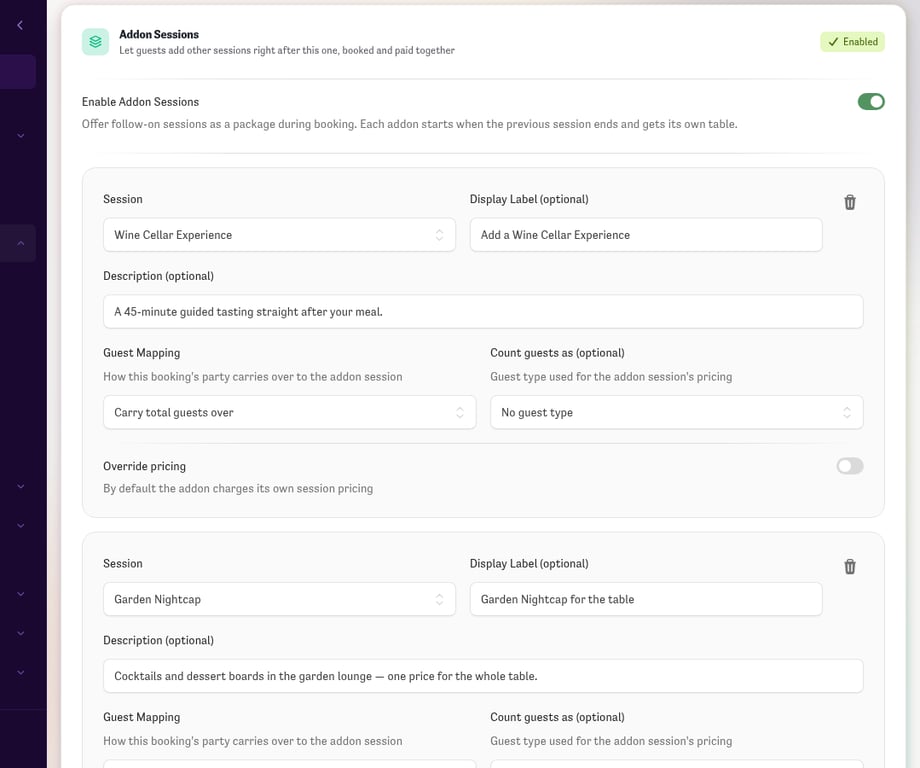 The Addon Sessions card in the session editor