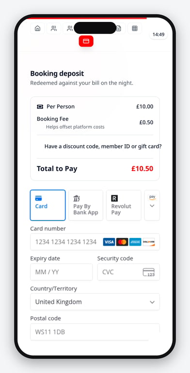 Guest checkout on a phone showing an itemised booking with a deposit to pay