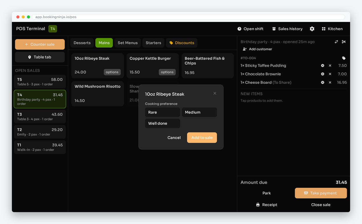 BookingNinja POS terminal with the item options sheet open, choosing a cooking preference before adding a steak to the sale