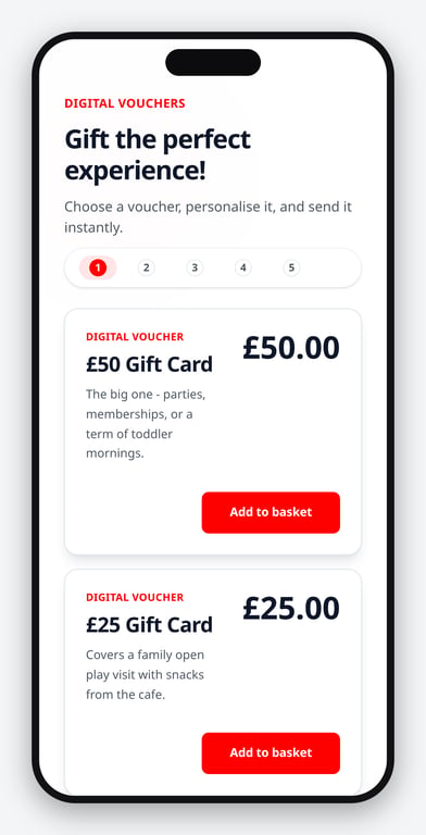 Digital gift card purchase page on a phone with gift card amounts to choose from
