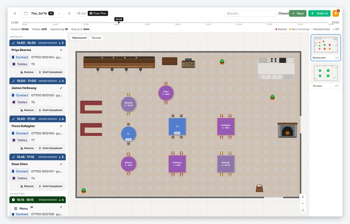 The live floor plan view during service, with seated, due and upcoming tables colour-coded on the map