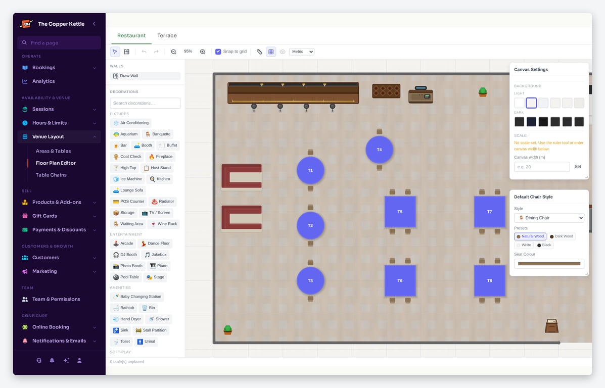The Floor Plan Editor with the decorations palette, chair styles and a finished restaurant layout
