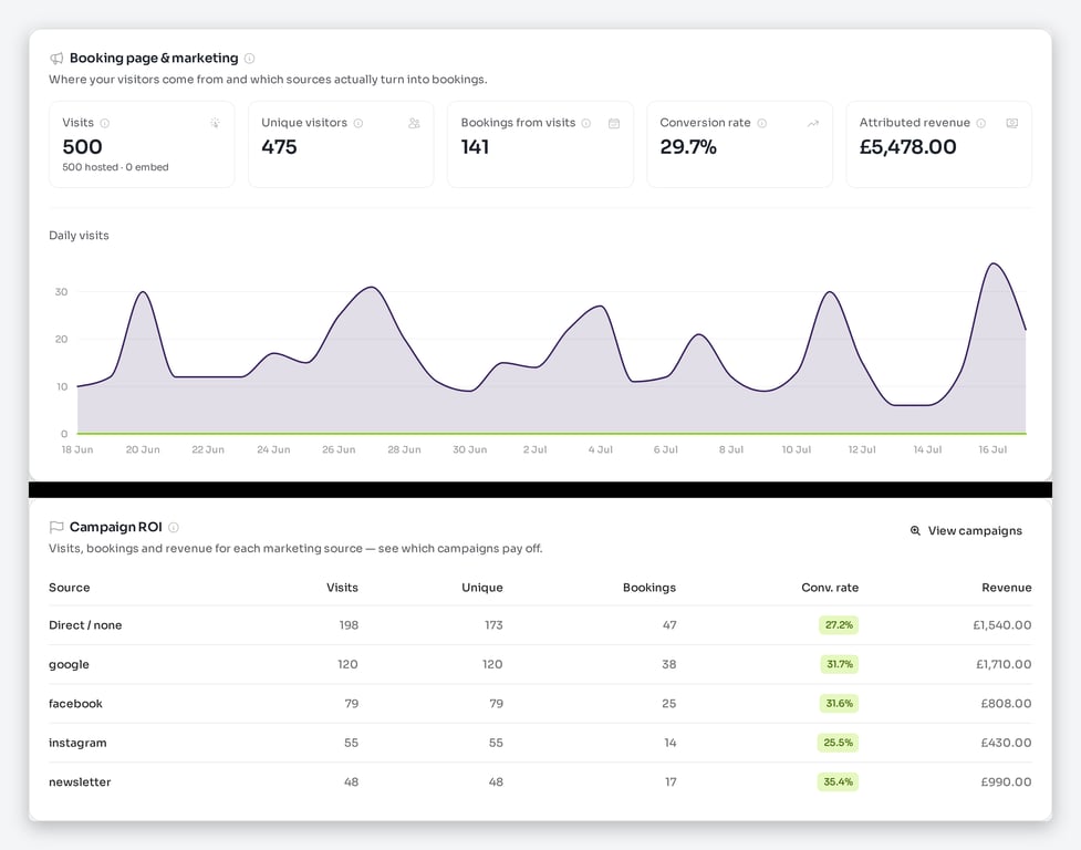 Booking page and marketing analytics with visits, conversion rate, attributed revenue and campaign ROI by source
