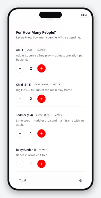 Soft play booking form on a phone with separate adult, child, toddler and baby prices