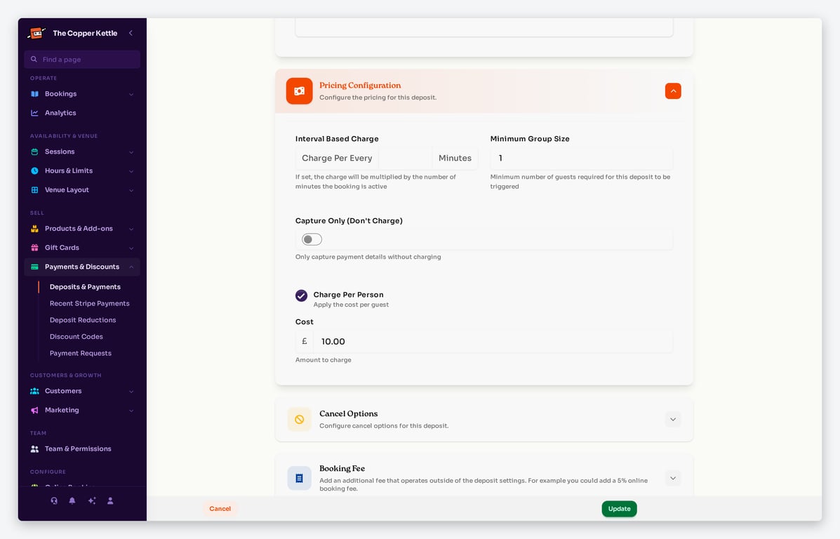 Deposit pricing configuration with per-person charge, capture-only toggle and minimum group size