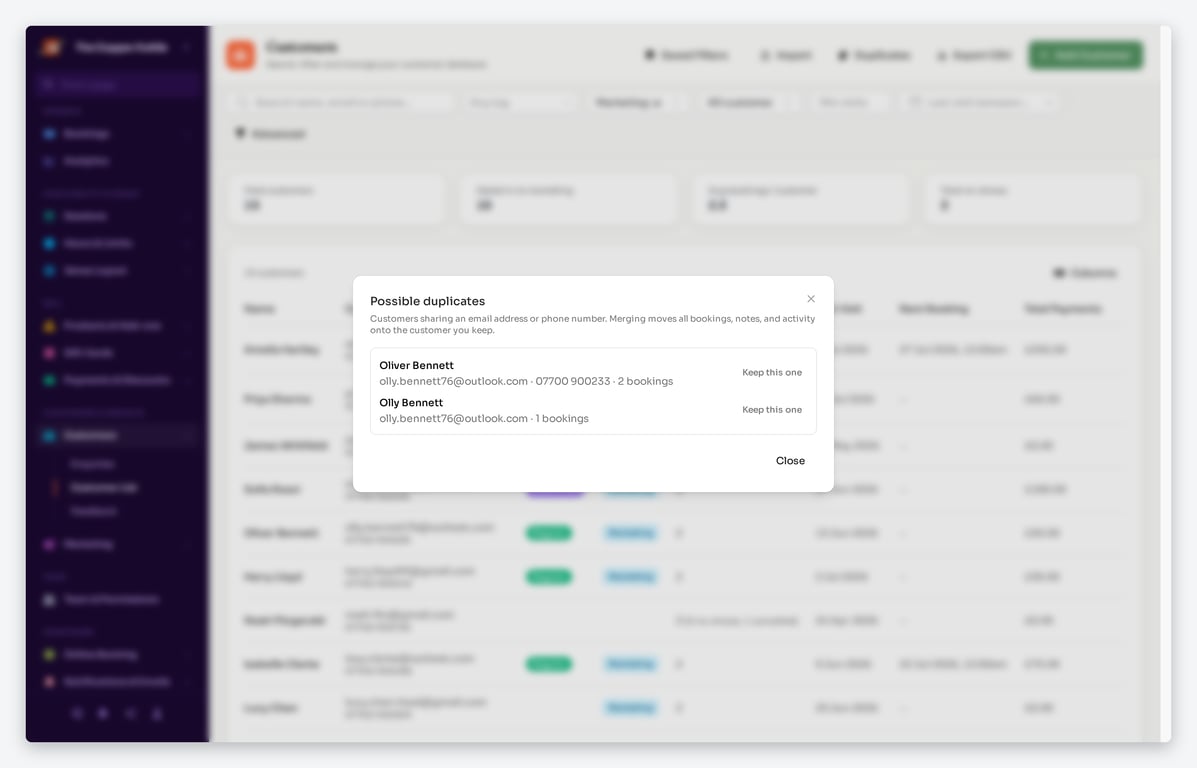 Duplicates modal showing two records for the same person, ready to merge