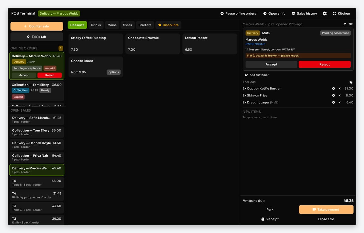 POS terminal with the online orders rail showing delivery and collection orders with accept and reject buttons