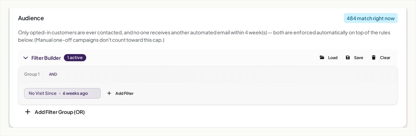 Building the audience rule, with a live count of matching customers