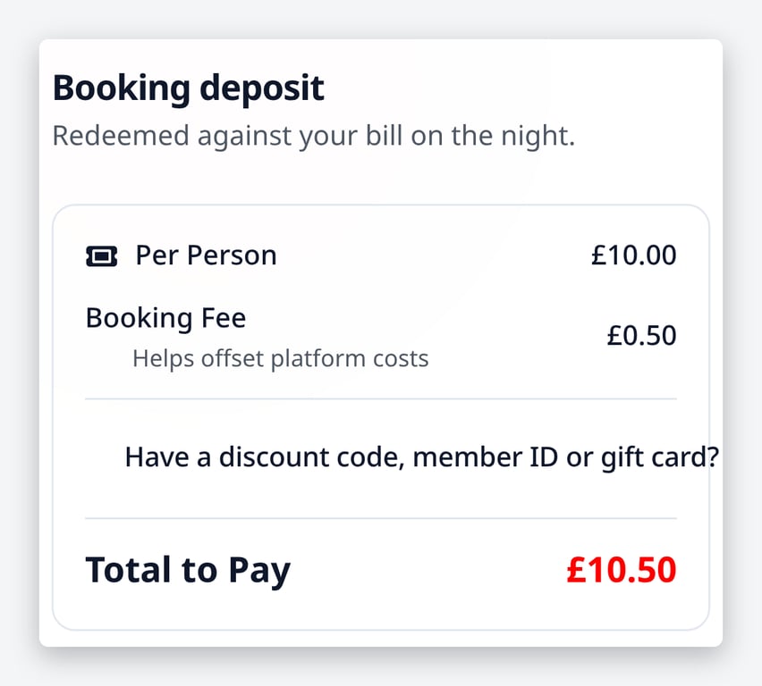 Itemised deposit summary at checkout with per-person amount, booking fee, discount code field and total to pay