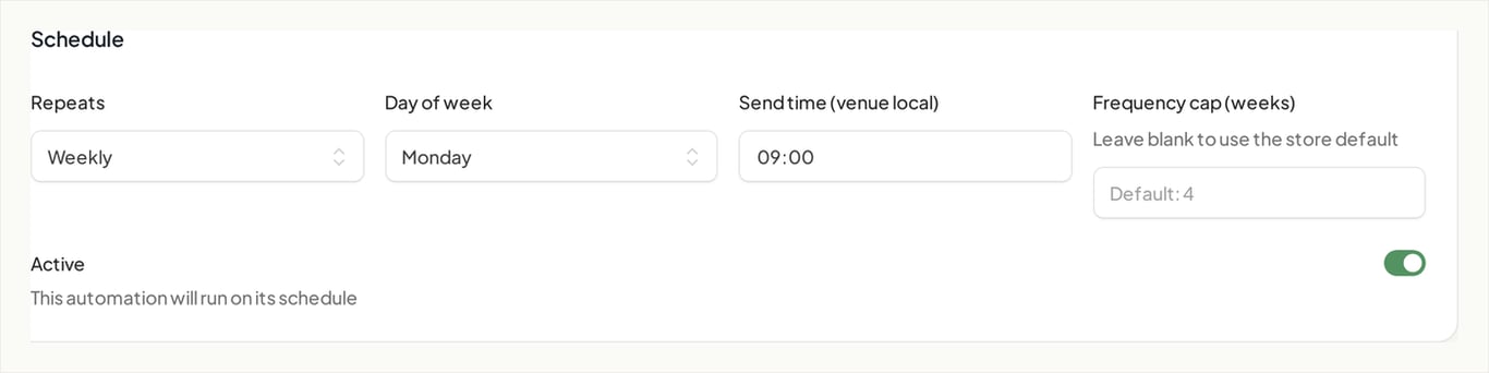 The schedule settings: cadence, day, send time, frequency cap and an active toggle