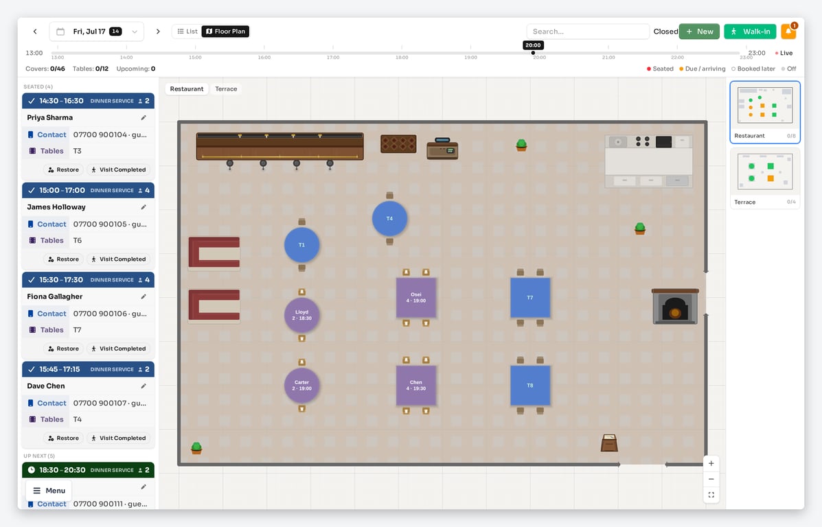 Live floor plan during service showing seated tables, upcoming bookings and a sidebar of tonight's bookings