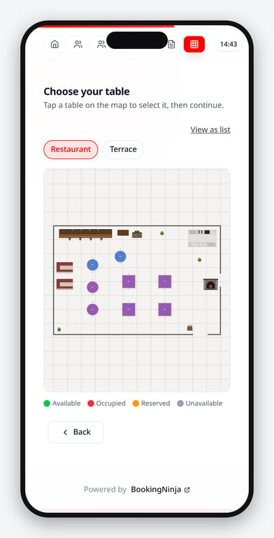 The guest booking flow showing the floor plan on a phone