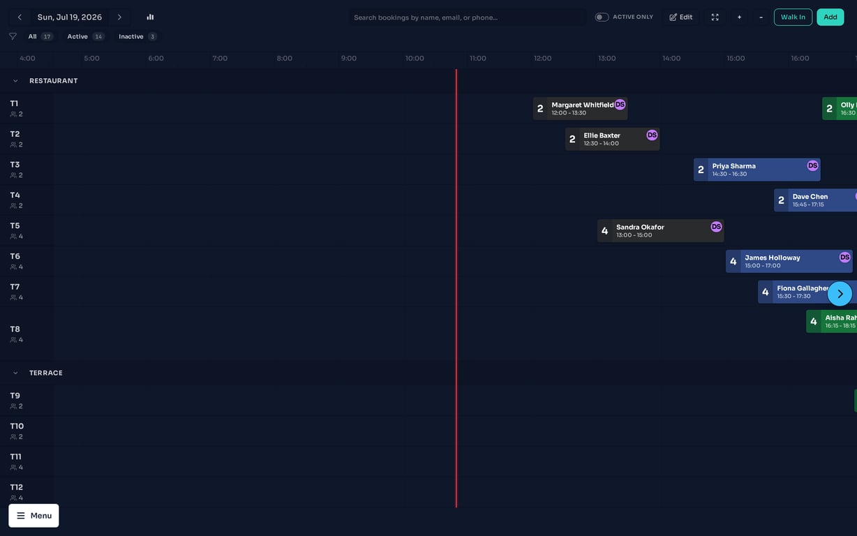BookingNinja bookings timeline for a Sunday service, with bookings assigned to tables through the afternoon and evening