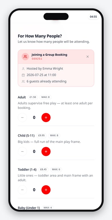Joining a group booking on a phone with a shared 6-digit group code