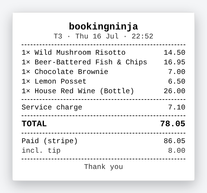 An itemised 80mm customer receipt with service charge, total, payment and tip