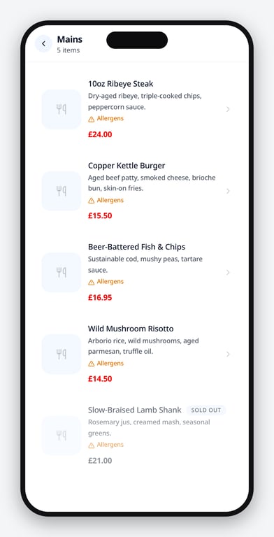 A venue's online ordering menu on a phone, with dishes, photos and prices