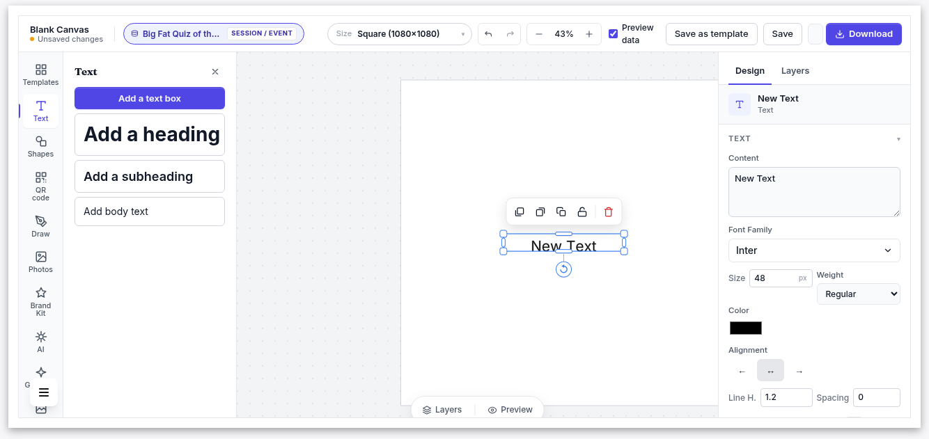 A selected text box with its settings in the Design panel