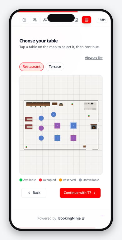 Choosing a table on the venue map during online booking on a phone