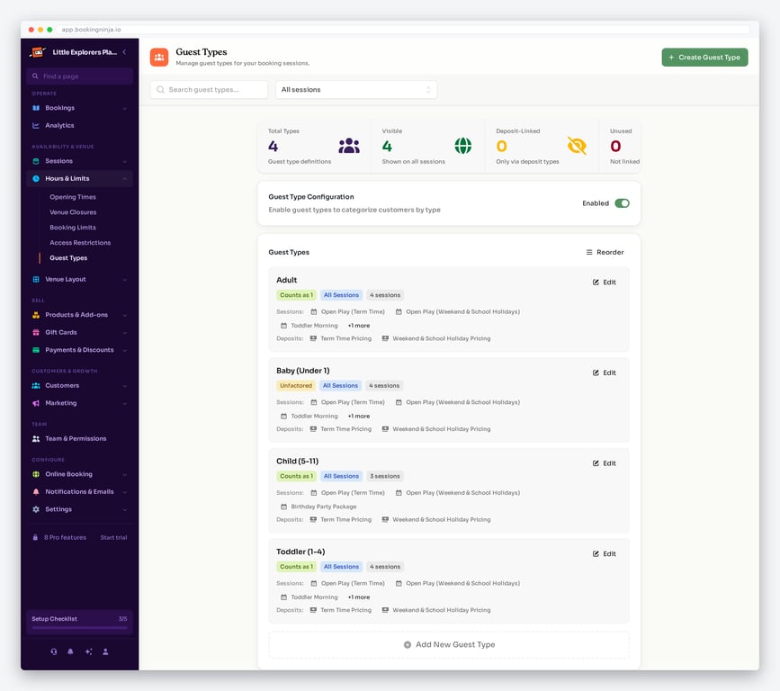 BookingNinja guest types admin screen with Adult, Child, Toddler and Baby types linked to sessions and pricing