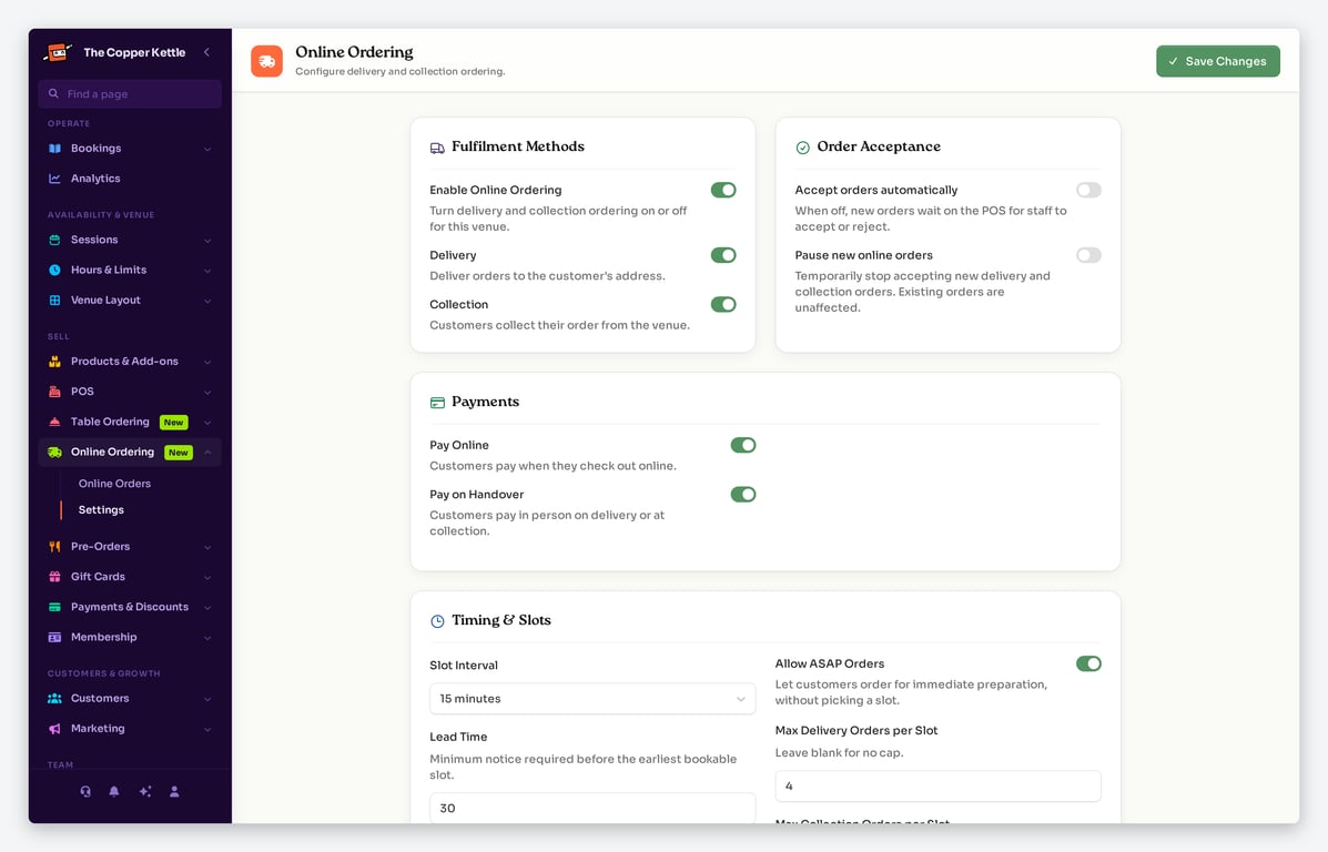 Online Ordering settings page with slot intervals, order caps, delivery fee and radius controls