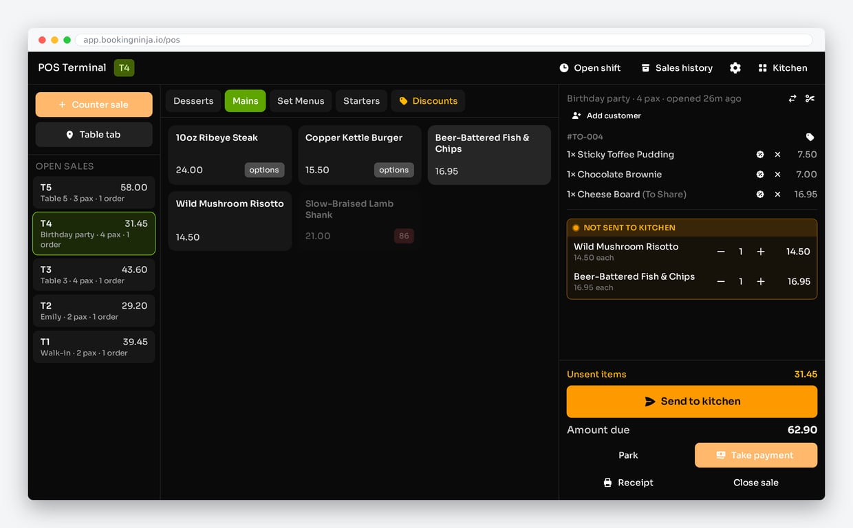 BookingNinja POS terminal with open table tabs, a tap-to-add product grid, staged items and a send-to-kitchen button