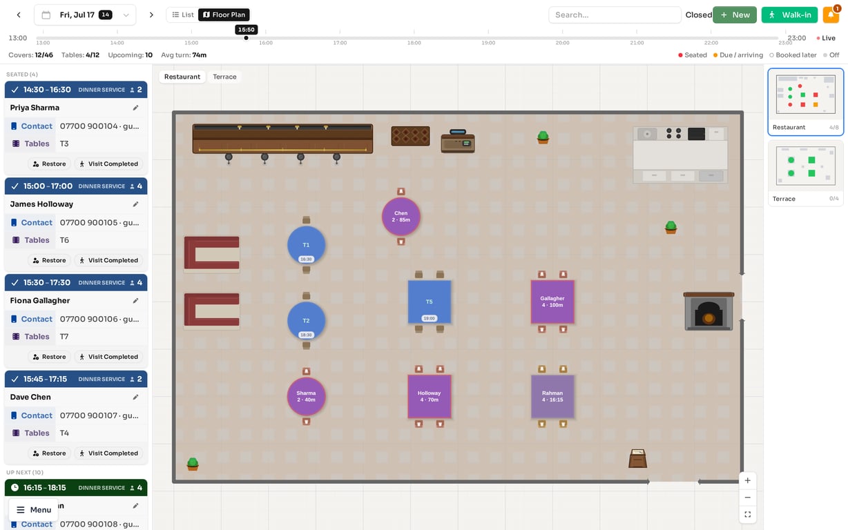 Live floor plan view with seated, upcoming and free tables shown in different colours