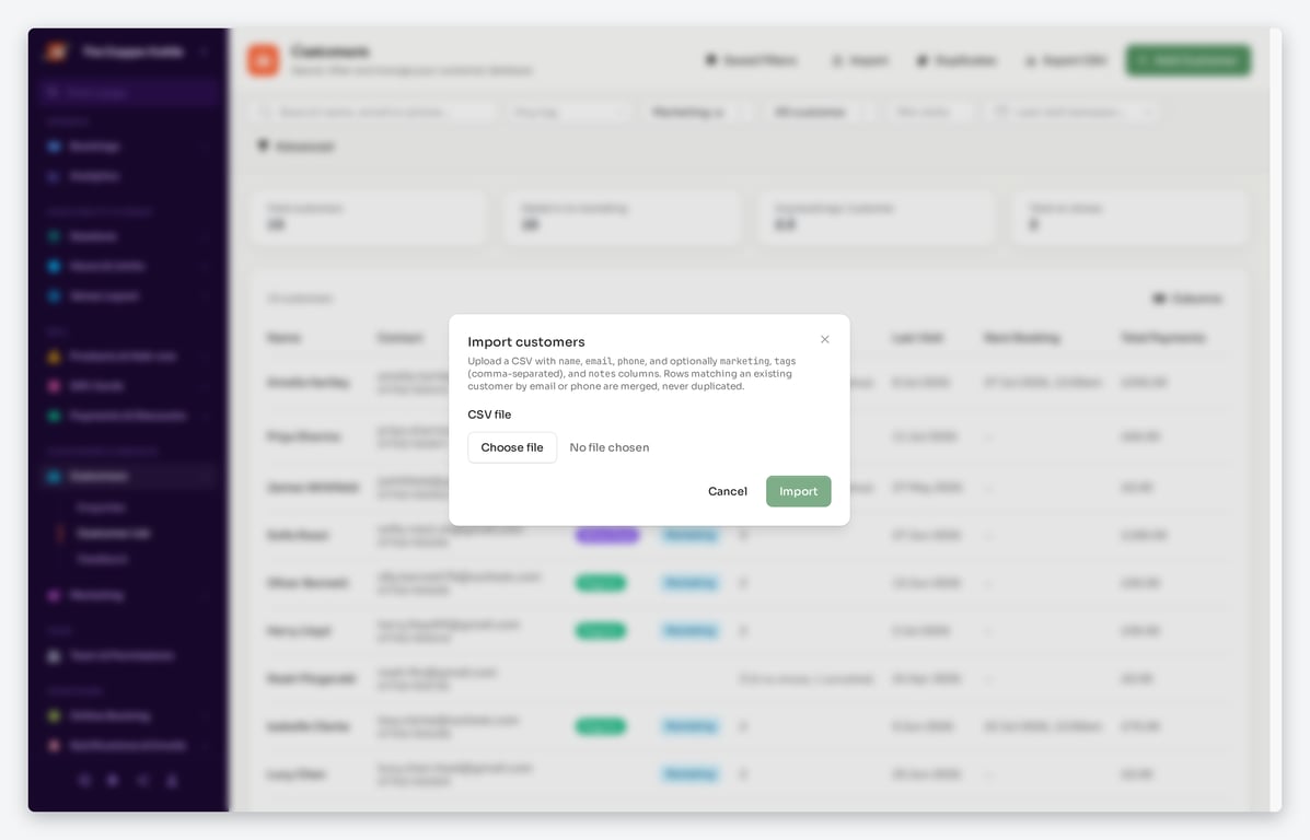 Import customers modal accepting a CSV file