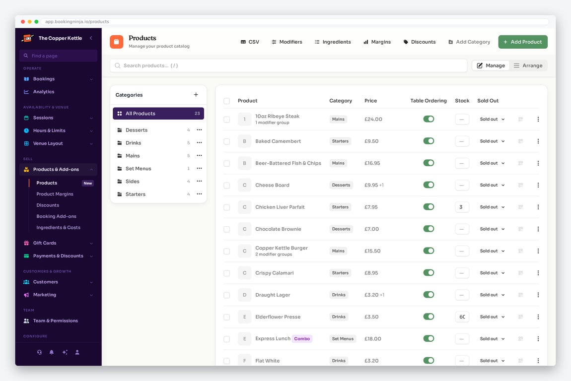 BookingNinja products screen with categories, prices, a combo set menu, stock counts and sold-out toggles
