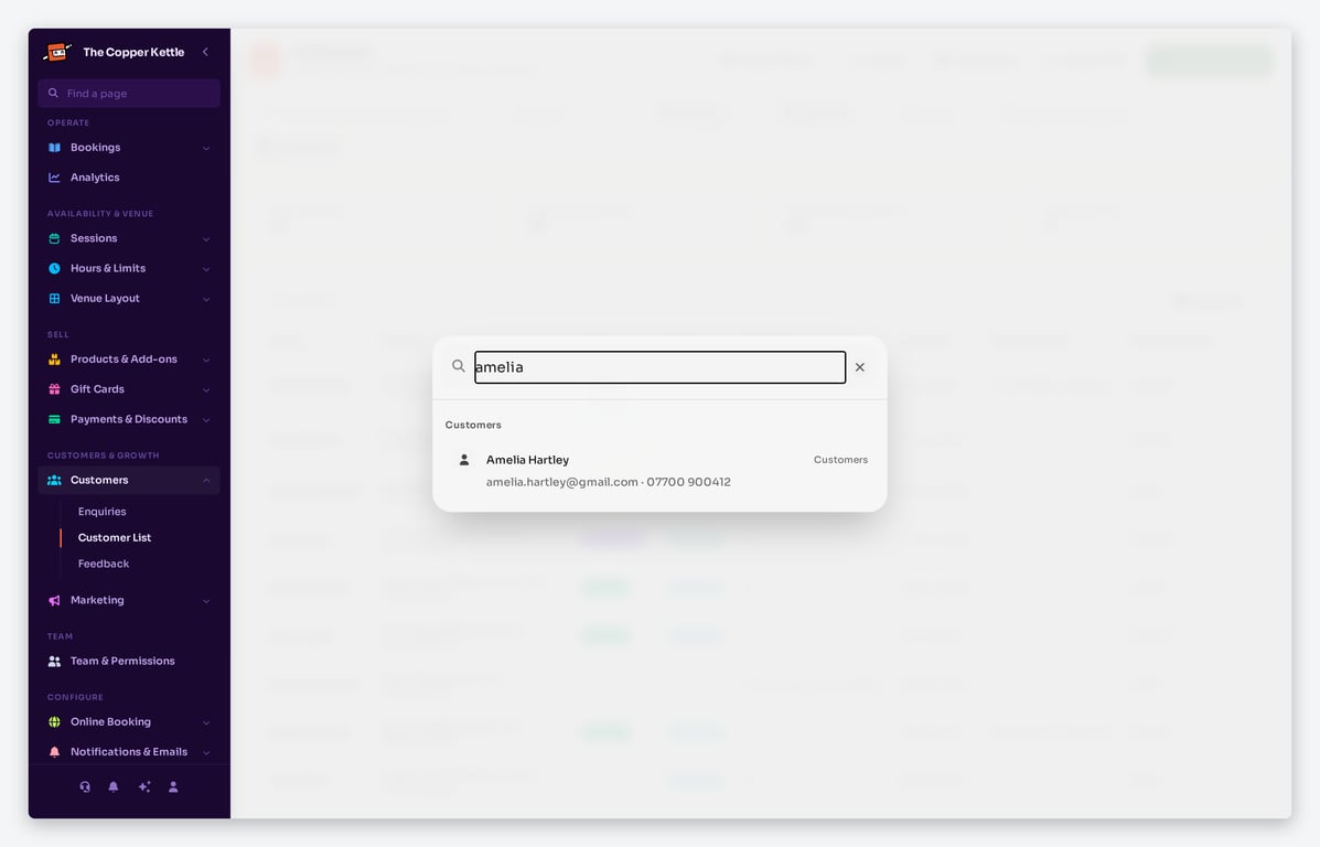 Global search finding a customer from anywhere in the app