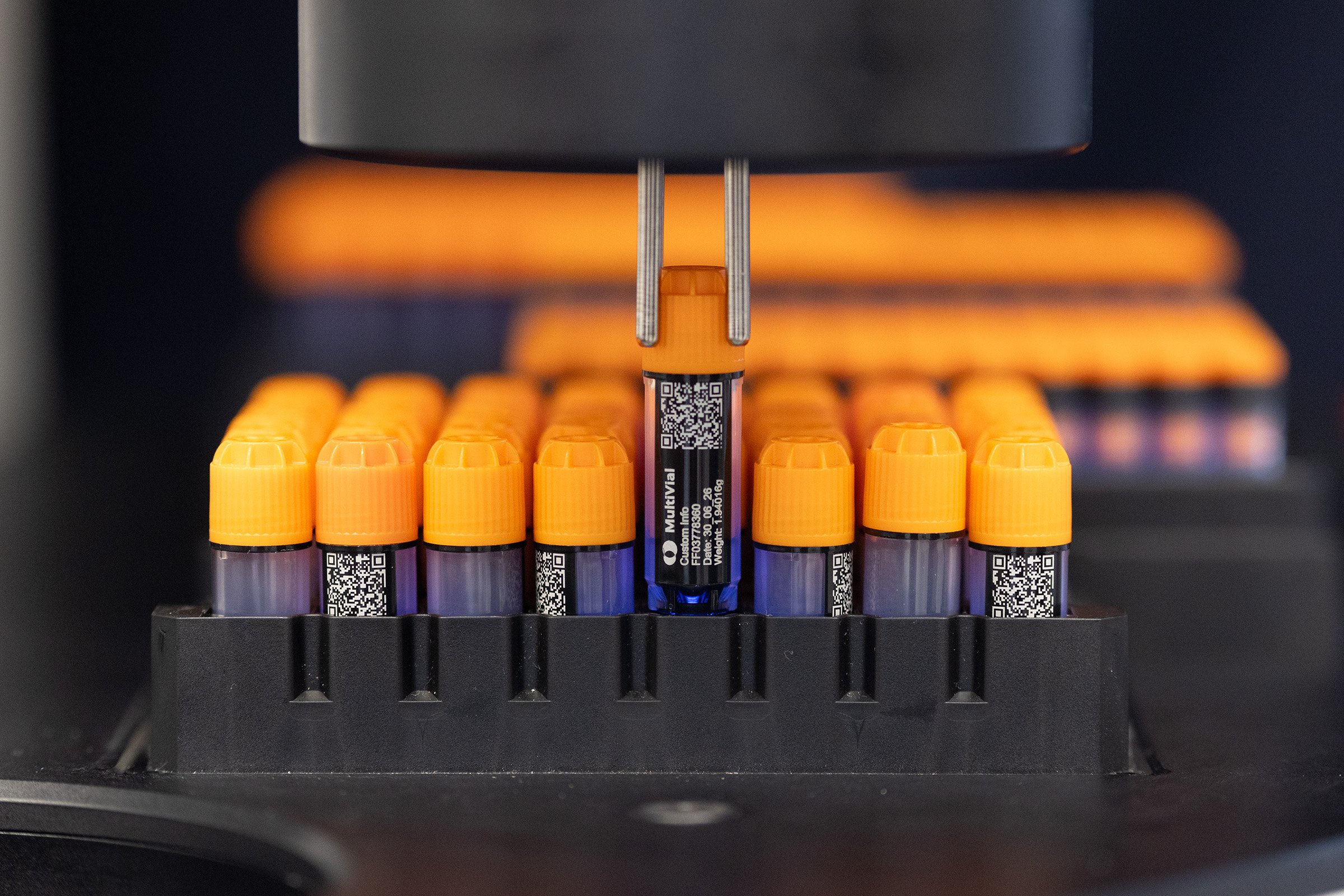 FluidX vials in a high density rack with clear and permanent vial identification