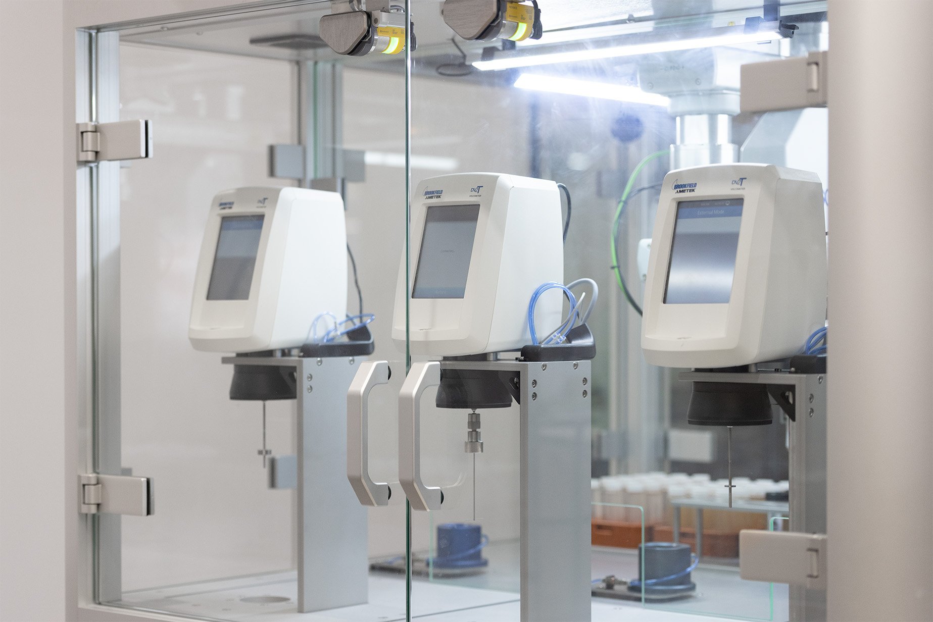 Three Brookfield viscometers integrated into a robotic system