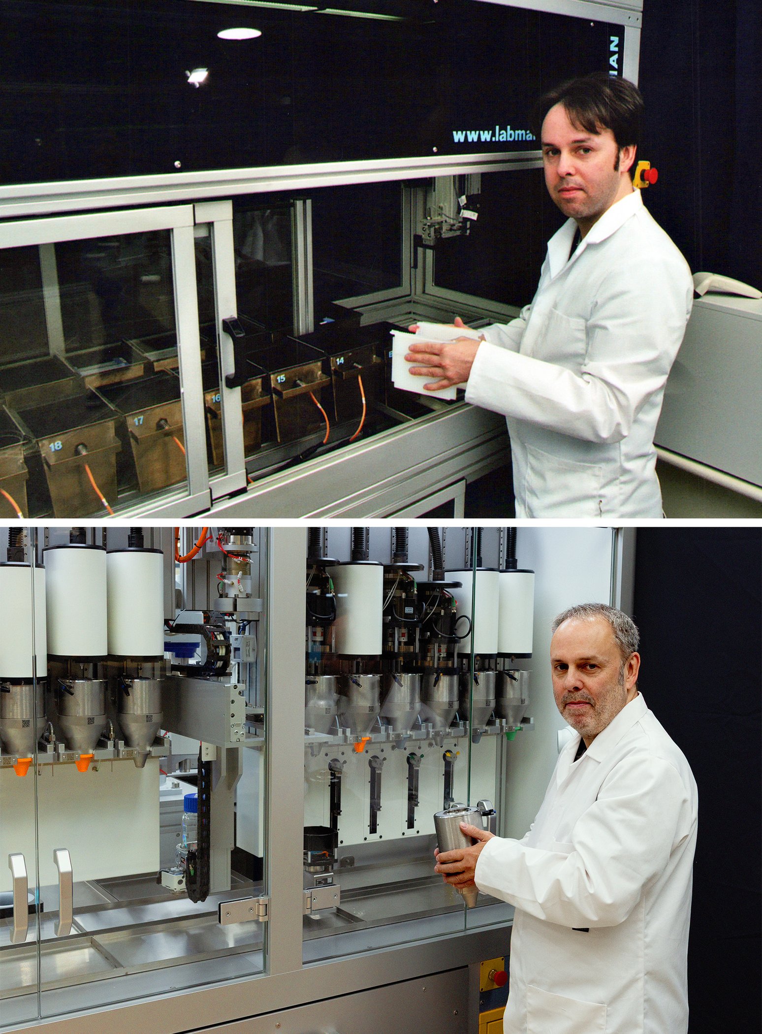 A side by side comparison of a man working on a robotic system in a lab