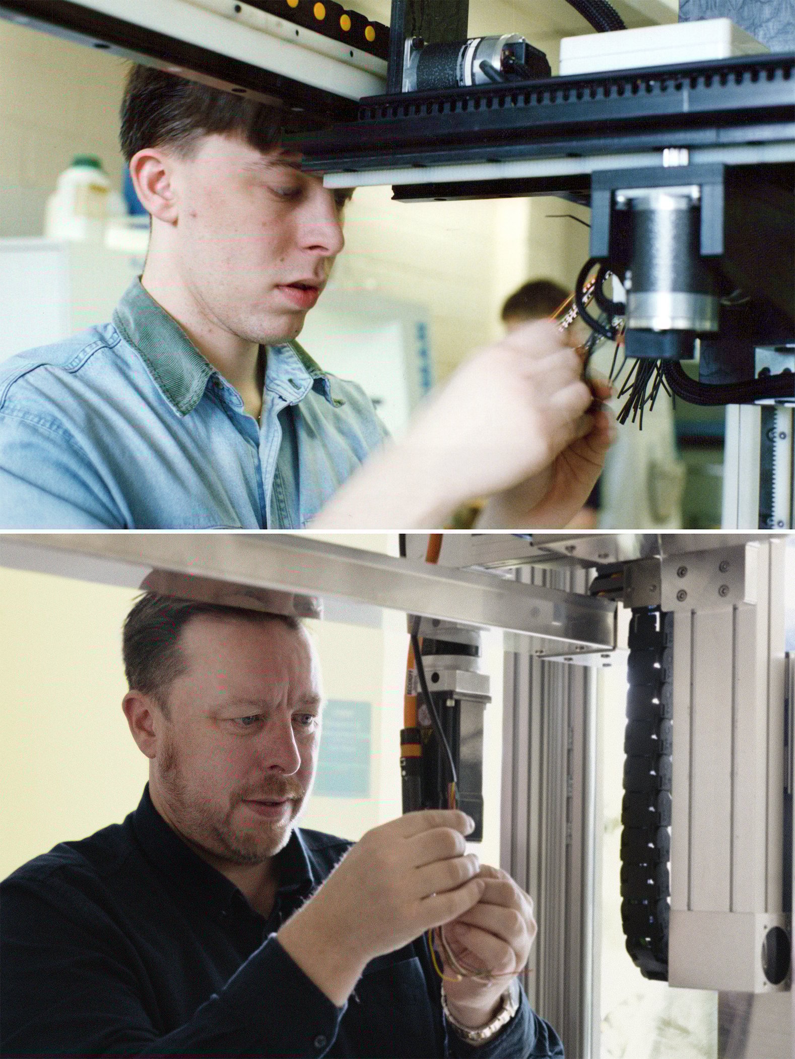 A side by side comparison of a man working on a robotic system in a lab